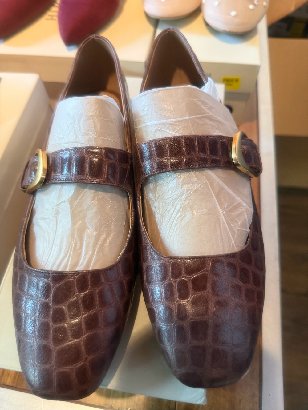 Naturalizer Women's Brown Croc-Embossed Mary Jane Flats with Gold Buckle